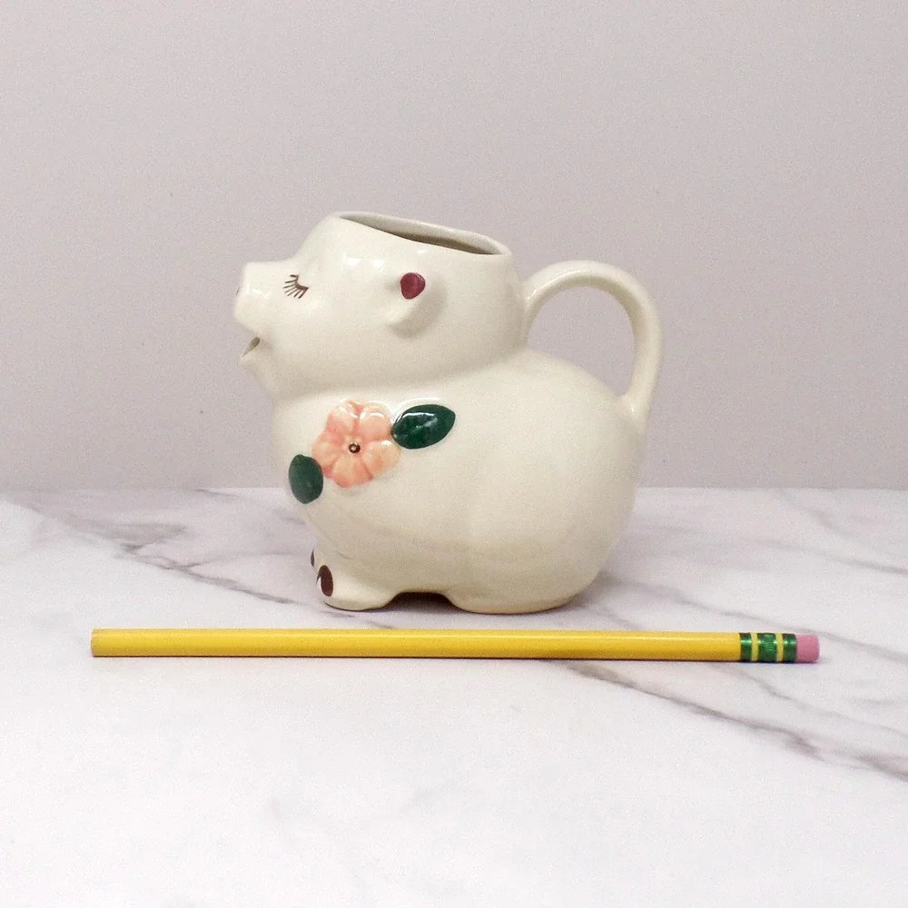 Vintage Shawnee Pottery Smiley Pig Creamer, Peach Flower (1940s-50s)